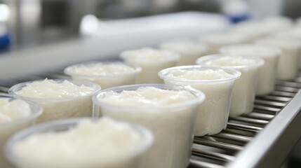 Fresh dairy products arranged neatly on a production line in a modern processing facility