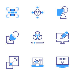 Graphic design icon set. Bold line style. Duotone colors. Editable stroke. graphic design, rgb, cube, scale, laptop, blend, shape, grid
