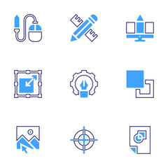Graphic design icon set. Bold line style. Duotone colors. Editable stroke. scale, computer mouse, graphic design, fill, pen, registration mark, design tool