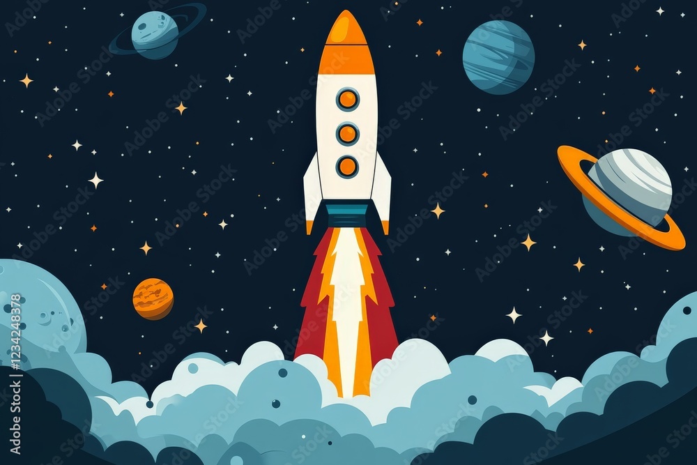 Poster rocket launch in space surrounded by planets and stars during nighttime