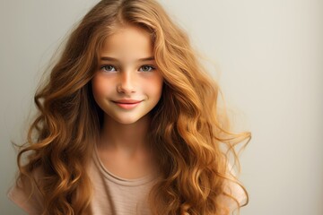 Naklejka premium Studio portrait of smiling young girl with long healthy curly blonde hair showing positive emotion against neutral background