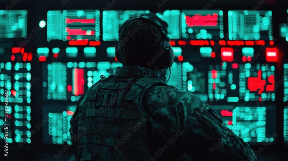 Poster Soldier Analyzing Data in Advanced Military Operations Command Center Environment