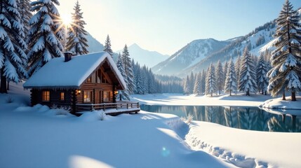 Serene Winter Cabin by a Pristine Frozen Lake, Nestled Among Snow-Covered Evergreen Trees, Basking in the Golden Light of a Winter Sunrise