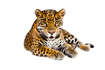 A sleek jaguar with golden-yellow fur and black spots, sitting on a white surface. Transparent background


