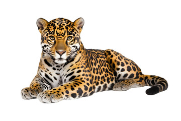 Obraz premium A sleek jaguar with golden-yellow fur and black spots, sitting on a white surface. Transparent background