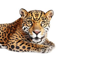Obraz premium A sleek jaguar with golden-yellow fur and black spots, sitting on a white surface. Transparent background