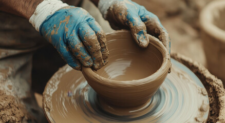 A skilled artisan shapes a smooth earthen pot on a pottery wheel, focused on the delicate craftsmanship. Soft clay spins as hands mold it with precision in an artisan workshop