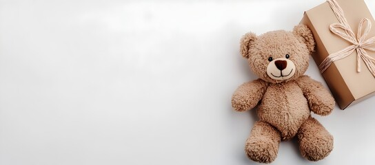 Teddy bear and gift box on white background. Baby gift photo with copy space
