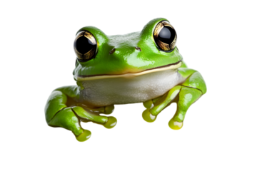 A vibrant green frog with bulging eyes, sitting on a white leaf. Transparent background


