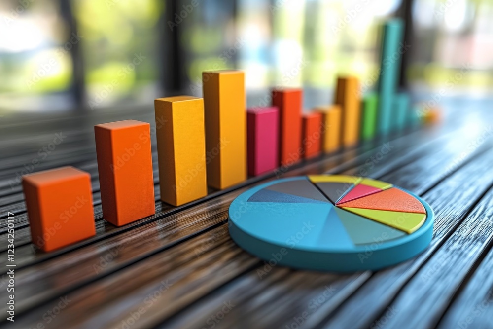 Poster Colorful bar and pie charts displaying business statistics in a modern office setting