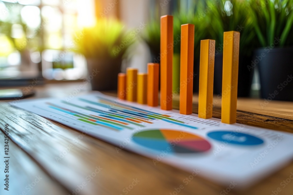 Leinwandbilder growing bar chart with colorful data representation in a bright workspace filled with plants
