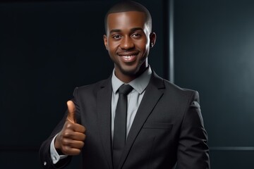 Happy businessman showing thumbs up sign, expressing positivity and success in corporate environment