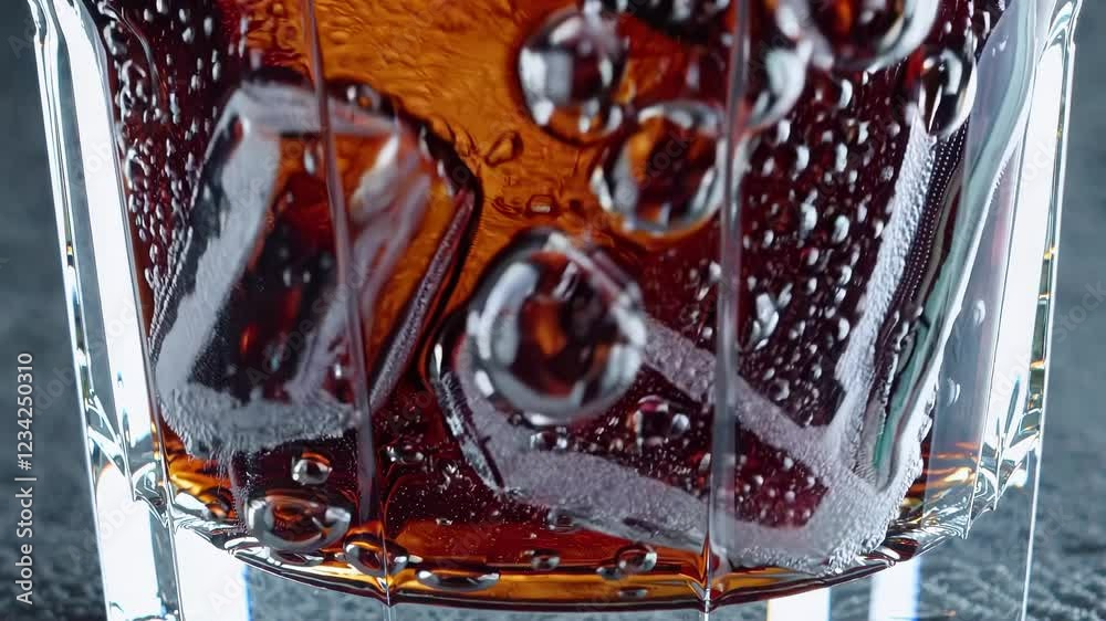 Aufkleber a macro shot of ice-cold cola in a transparent glass, with the shimmering carbonation bubbles rising