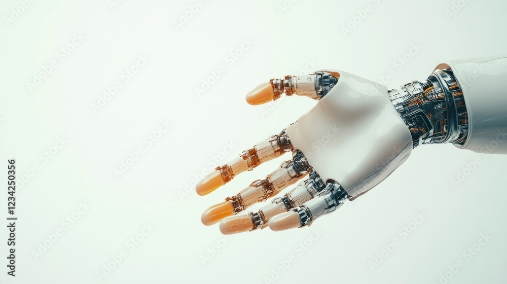 Poster Realistic robotic hand reaching out with intricate details and modern design elements