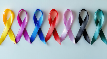 Various cancer awareness ribbons in different colors are arranged neatly against a light backdrop, symbolizing the fight against multiple types of cancer