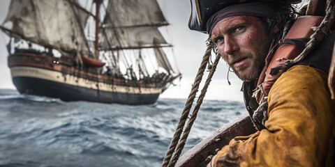 Captain navigates rough seas near a historic ship