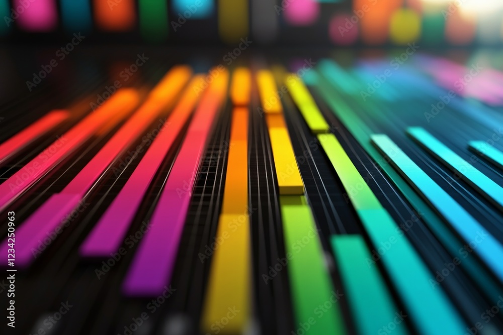 Poster Vibrant sound waves create dynamic patterns in a digital audio workspace during a late night editing session