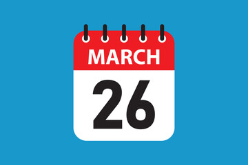 March 26 flat graphic red header and blue background icon.