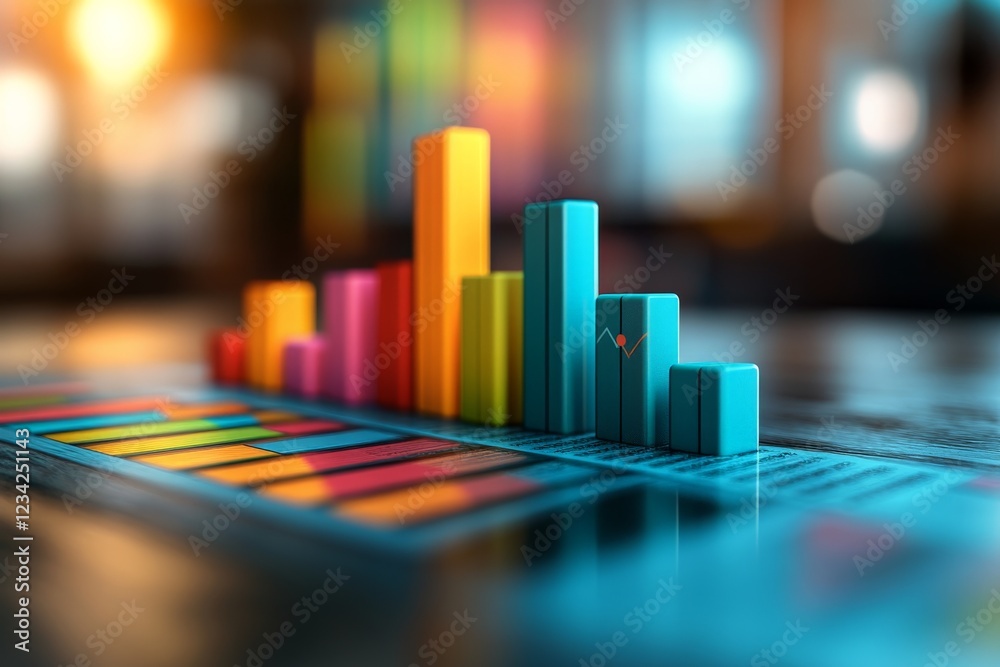 Fototapete colorful bar graph representing data analytics in a modern workspace during sunset
