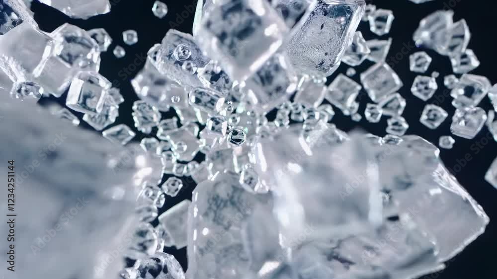 Poster A cinematic perspective focusing on the interplay of frothy foam and fizzing bubbles circling cubes of ice, capturing the essence of refreshment.