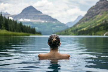 Fototapeta premium Woman enjoys serene lake view in stunning mountain landscape