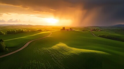 Dramatic Sunset Over Green Countryside