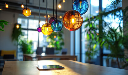 Hanging from the ceiling, vibrant glass orbs illuminate a bright workspace adorned with greenery. The setting combines modern design with inviting colors, creating a warm atmosphere