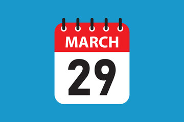 March 29 Calendar Icon, Flat Vector Date Illustration for Scheduling and Planning.