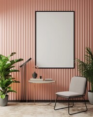 Fototapeta premium A modern interior design featuring a pink wall. a black framed poster. a gray chair. a table. a lamp. and plants