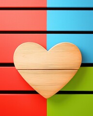 Wooden Heart Shape on Colorful Background of Red, Blue, and Green