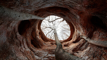 Obraz premium Trees growing through cave opening, forest background, nature exploration