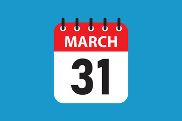 March 31 Calendar Icon, Flat Vector Date Graphic for Time Management and Planning.