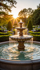 Elegant fountain showcasing water movement in a lush garden, tranquility