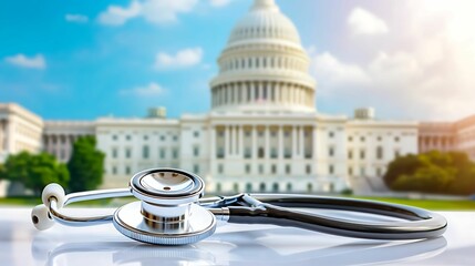 A stethoscope rests in front of the U.S. Capitol, symbolizing the intersection of healthcare and politics.