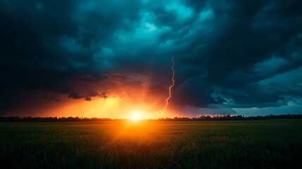 Dramatic Sunset Storm Over Green Field