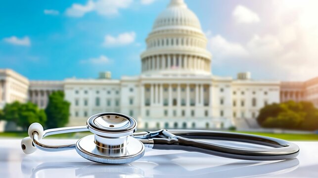 A stethoscope rests in front of the U.S. Capitol, symbolizing the intersection of healthcare and politics.