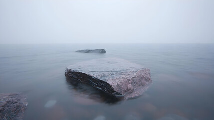 Calm lake, rocks, foggy morning, serene landscape, nature meditation
