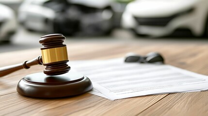 A gavel rests on a table with paperwork, symbolizing legal proceedings, possibly related to automotive issues or accidents.