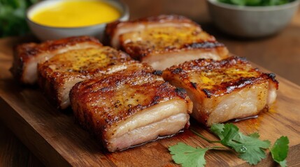 Crispy Rustic Pork Belly Presentation on Wooden Board