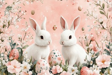 Fototapeta premium Cute white rabbits surrounded by colorful easter eggs and spring flowers against a pink background