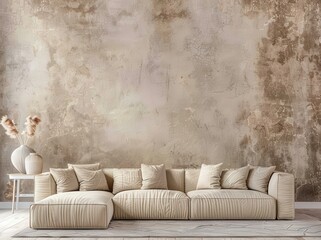 A beige sectional sofa sits in front of a rustic. textured wall with a vase of dried pampas grass