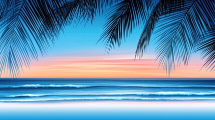 Serene Tropical Landscape with Palm Fronds and Ocean Sunset View