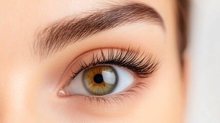 Obraz premium A close-up of a woman's eye showcasing vibrant green and brown hues, with well-defined eyelashes and a perfectly shaped brow.