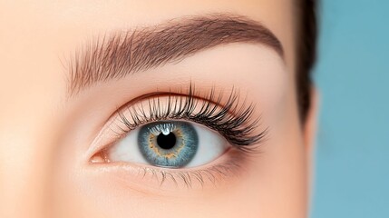 Obraz premium A close-up of a woman's eye showcasing striking blue iris, long eyelashes, and well-groomed eyebrows against a soft blue background.
