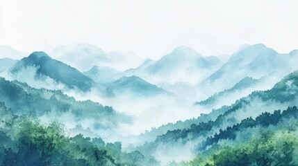 Watercolor of landscape forest misty mountains horizon and fog and hills,pine tree fir tree,Autumn forest background,drawn by hand,Autumn illustration design elements for landscape,wallpaper.