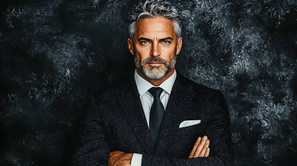 Fototapeta premium Confident businessman portrait, dark background, arms crossed, serious expression, corporate headshot
