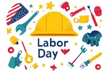 Engaging in the shared excitement of national Labor Day. Side view of american flag, set of tools, safety helmet, work gloves on wooden brown background with empty space for promo or text
