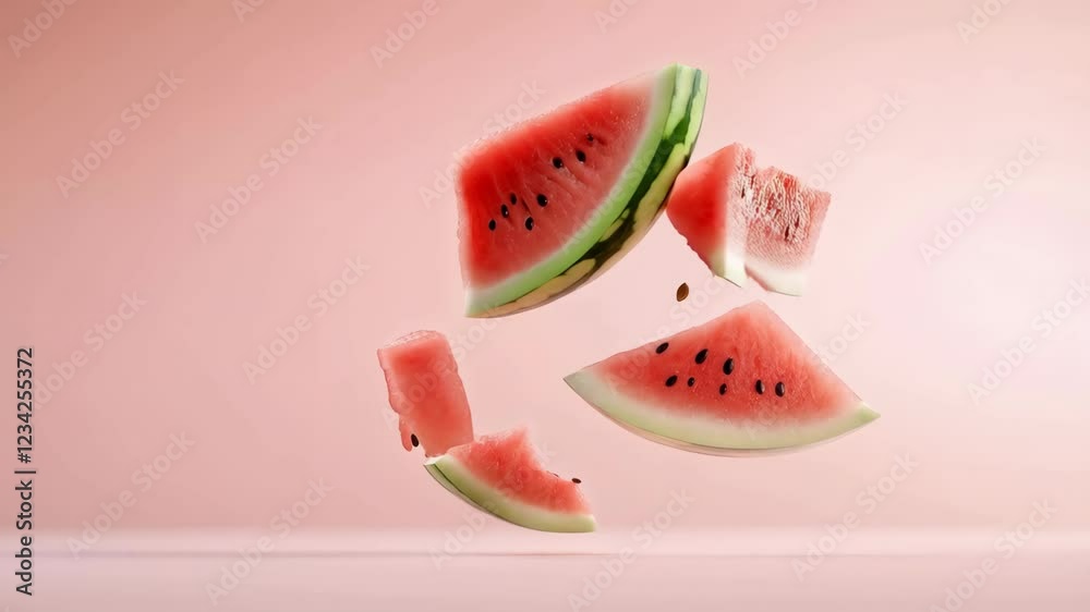 Poster Several slices of ripe watermelon with seeds are levitating in the air against a vibrant pink background, creating a visually appealing and refreshing scene with copy space