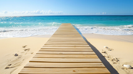 Obraz premium 海へと続く木道、波の音に包まれるビーチリゾートの絶景