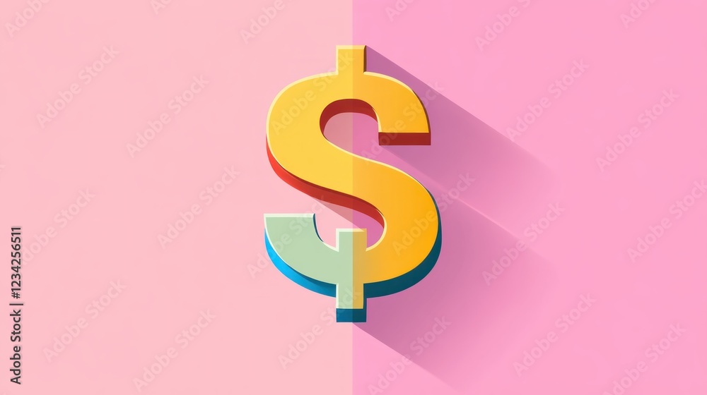 Poster Colorful 3D Dollar Symbol with Shadow on Pink Background for Financial Concepts